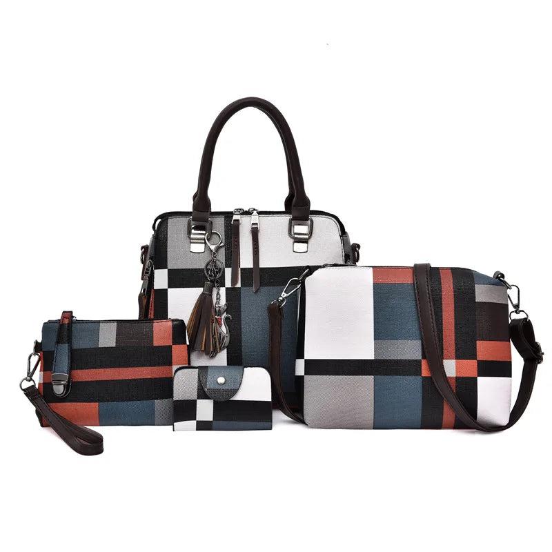 4PCS Women's Bag Set PU Leather Grid Print Handbag Shoulder Wal
