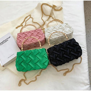Women Shoulder Bags Pleated Weave Handbags Golden Metal Handle Chain