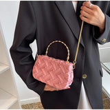 Women Shoulder Bags Pleated Weave Handbags Golden Metal Handle Chain