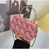 Women Shoulder Bags Pleated Weave Handbags Golden Metal Handle Chain