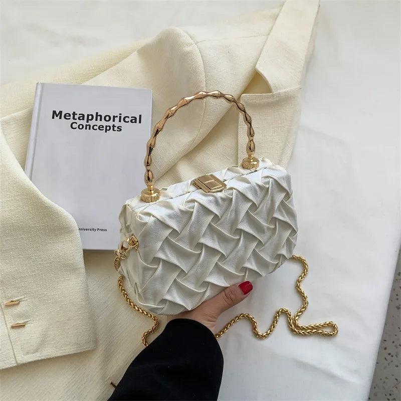 Women Shoulder Bags Pleated Weave Handbags Golden Metal Handle Chain