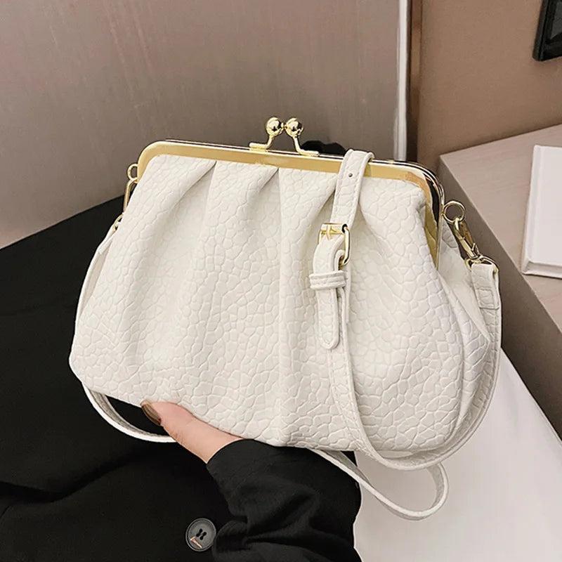 Women Pleated Shell Clip Crossbody Bag Soft PU Leather Handbag Shoulder Bag