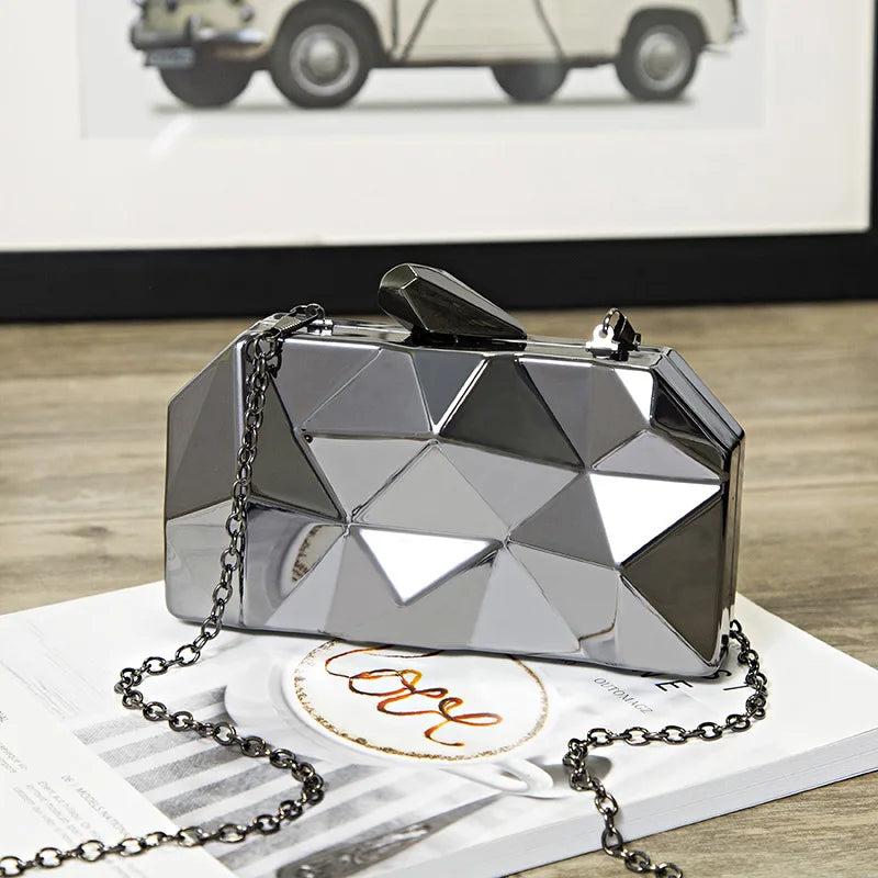 Metal Clutches Hexagon Mini Party Purse Silver Bags