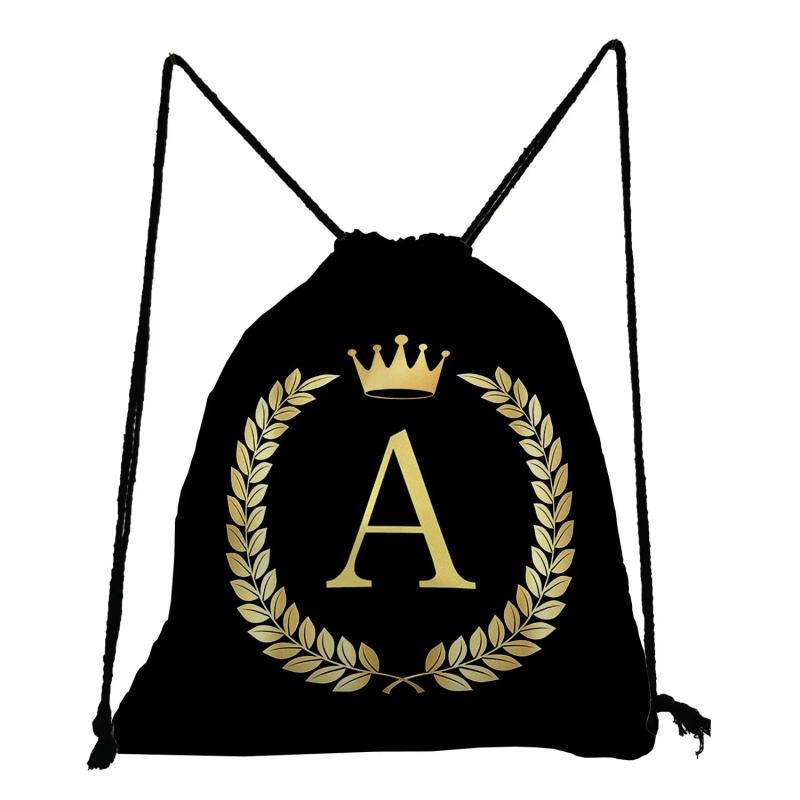 Personalized Golden Initials Print Women's Backpack with Drawstring Pocket