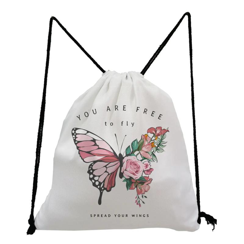 Preppy Kids Drawstring Backpack Floral Butterfly Print School Bag