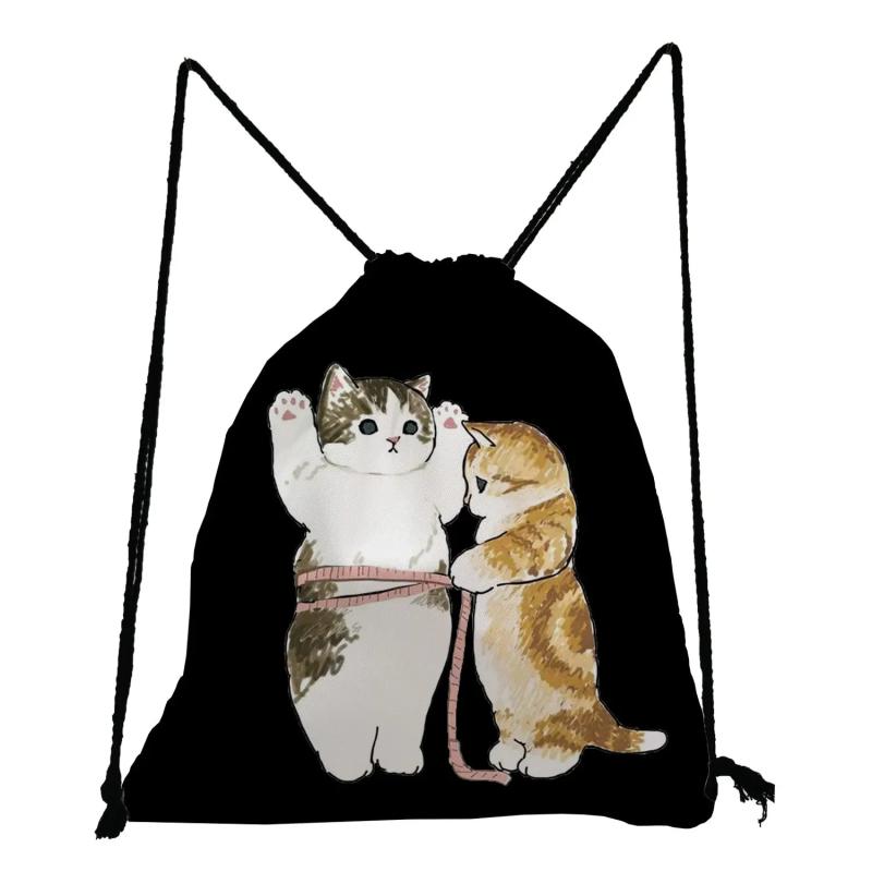 Shark Cat Print Shoes Bag Drawstring Travel Backpack