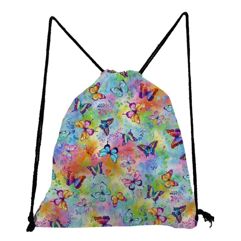 Drawstring Pocket Travel Shoes Bags Portable Women's Backpack Butterfly Print