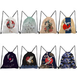 Floral Crane Bird Print Drawstring Backpack