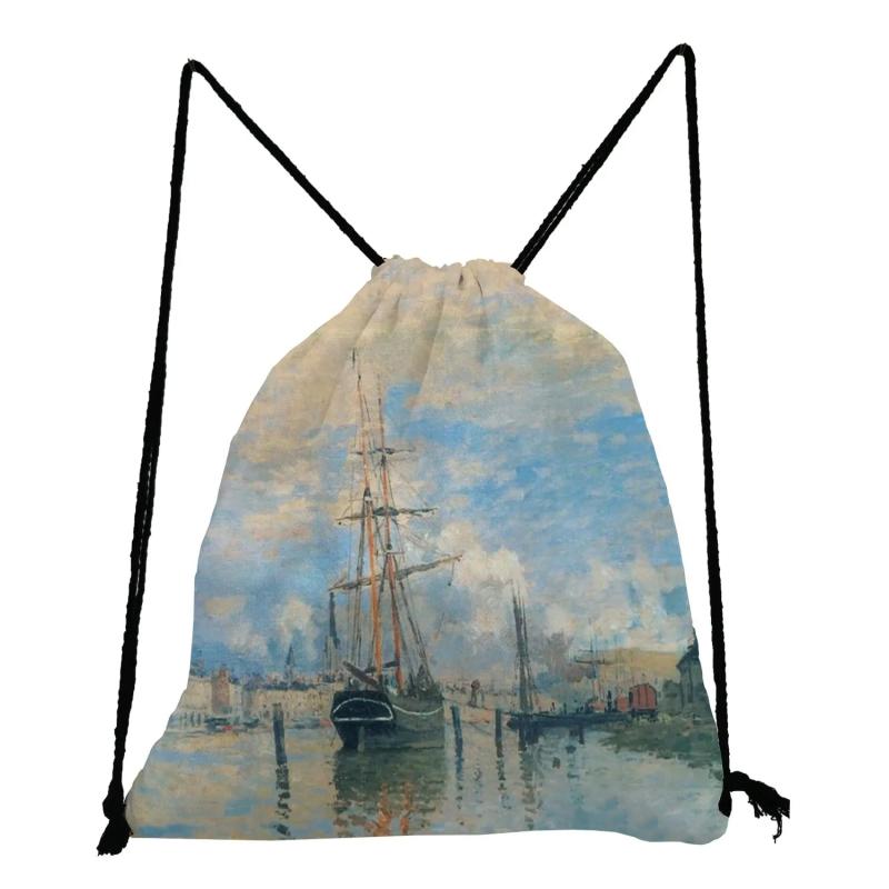 Foldable Women Drawstring Pocket Retro Art Shopping Backpack Bags