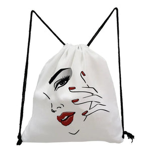 Red Lips Print Drawstring Backpack Hipster Women