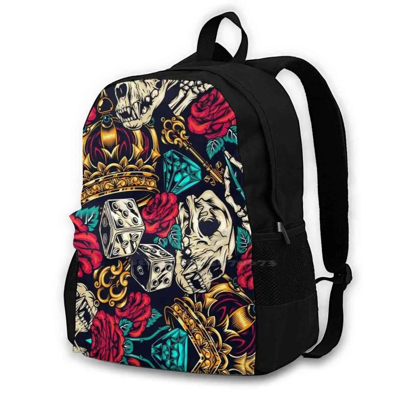 Skulls Dice And Roses 3D Print Backpack Casual Bag Vintage