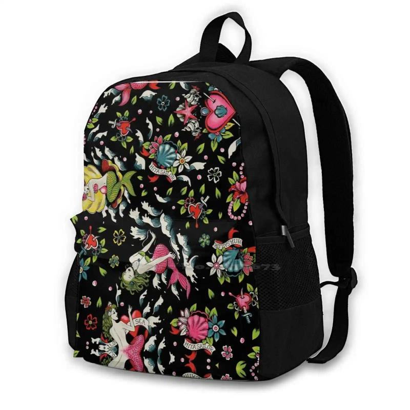 Summer Tail Black Satchel Schoolbag Mermaid Crown Flowers Shells Seaweed Waves