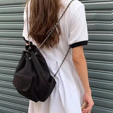 Women's Drawstring Chain Bucket Bag Nylon Backpack