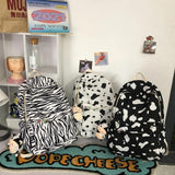 Striped Women Backpack Campus Students Schoolbag Female Cartoon Cow Print Daypac