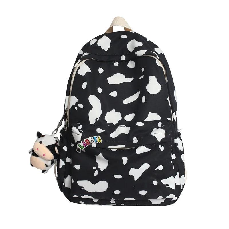 Striped Women Backpack Campus Students Schoolbag Female Cartoon Cow Print Daypac