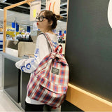 Plaid Canvas Women's Backpack Teen Girl School Bags Waterproof Rucksack