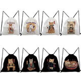 Japanese Style Samurai Cat Print Backpack Drawstring Shoes Bags