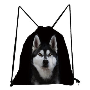 Drawstring Pocket Pug Dalmatian Husky Printed School Bag Backpack