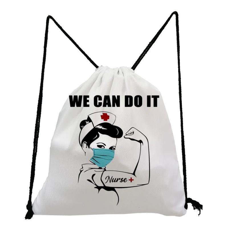 Travel Backpack for Students with Drawstring Pocket and Nurse Letter Print