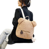 Women Girls Bear Ear Fleece Small Backpack Casual Warm Lambswool Daypack Bag