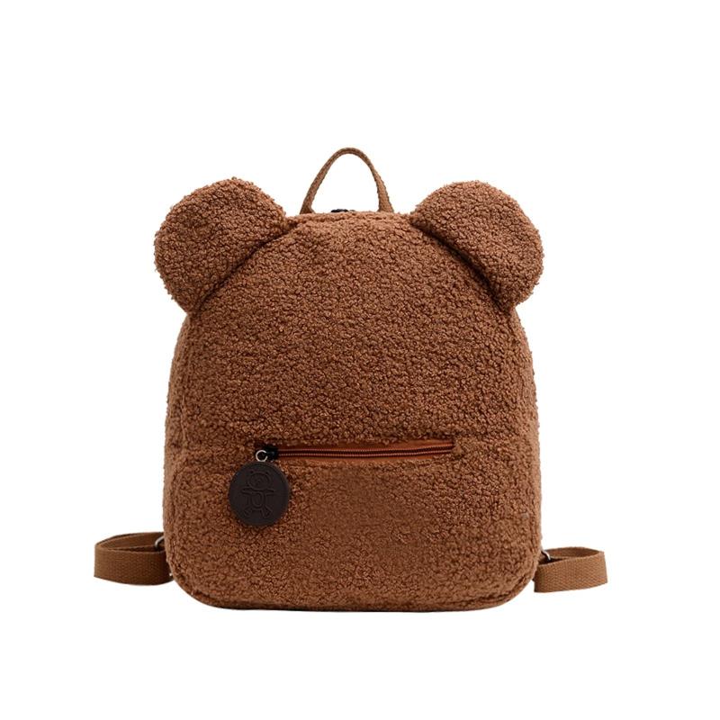 Women Girls Bear Ear Fleece Small Backpack Casual Warm Lambswool Daypack Bag