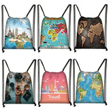 World Map Print Backpack Drawstring Bag Softback Shoulder Bag