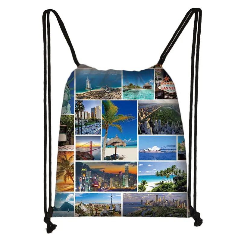 World Map Print Backpack Drawstring Bag Softback Shoulder Bag