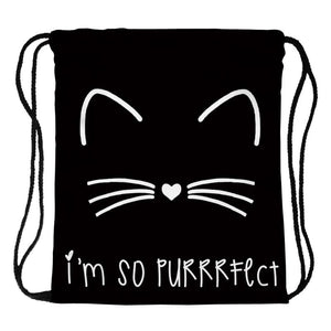 Cat Printing Drawstring Bag Sports Waterproof Backpack Bundle Pocket
