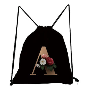 26 Initials Flower Drawstring Bags A-Z Letter Backpack Rope Softback Bag