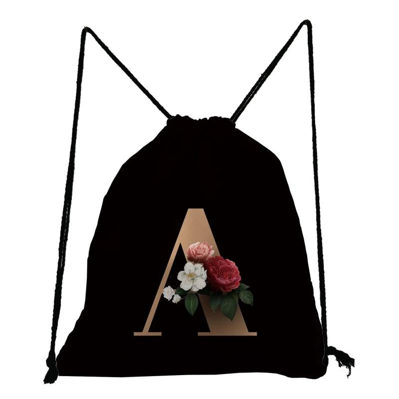 26 Initials Flower Drawstring Bags A-Z Letter Backpack Rope Softback Bag