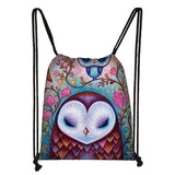 Owl Print Backpack Travel Bag Boys Girls Canvas Drawstring Bags