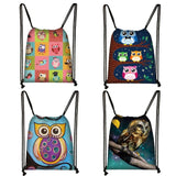 Owl Print Backpack Travel Bag Boys Girls Canvas Drawstring Bags