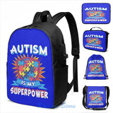 Funny Graphic Autism Tee USB Charge Backpack School Travel Laptop Bag