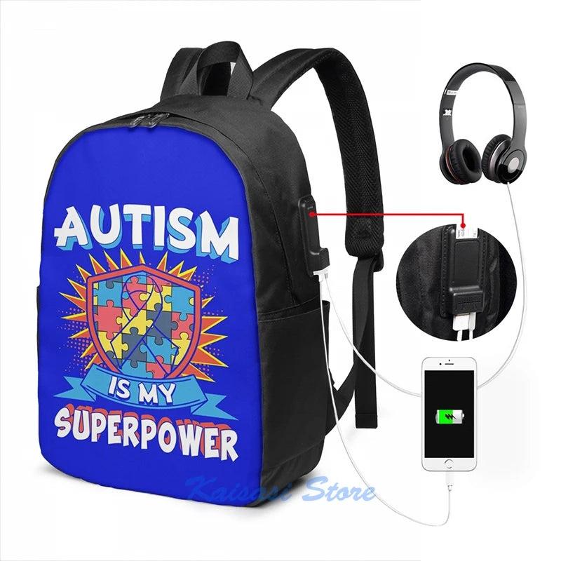 Funny Graphic Autism Tee USB Charge Backpack School Travel Laptop Bag