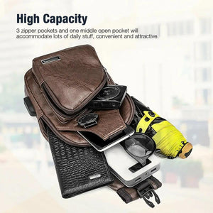 Men Leather Sling Bag Chest Shoulder Crossbody Backpack USB Charging Port