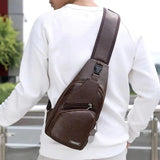 Men Leather Sling Bag Chest Shoulder Crossbody Backpack USB Charging Port