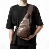 Men Leather Sling Bag Chest Shoulder Crossbody Backpack USB Charging Port