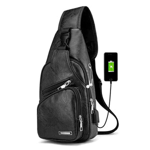 Men Leather Sling Bag Chest Shoulder Crossbody Backpack USB Charging Port
