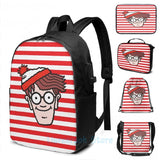 Where's Waldo Face USB Charge Backpack School Bag