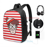 Where's Waldo Face USB Charge Backpack School Bag