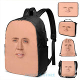 Nicolas Cage Face USB Charge Backpack Men Women Travel Laptop Bag