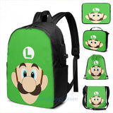 Luigi USB Charge Backpack Men Women Travel Laptop Bag