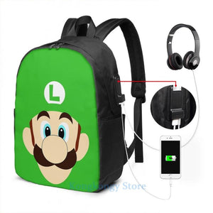Luigi USB Charge Backpack Men Women Travel Laptop Bag