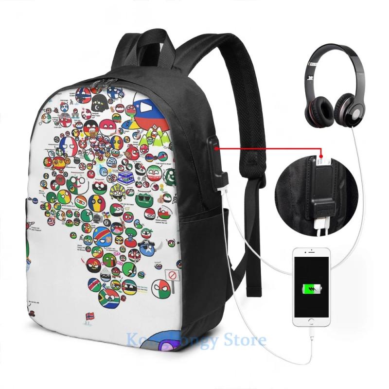 Polandball Countryball World Map USB Charge Backpack School bag