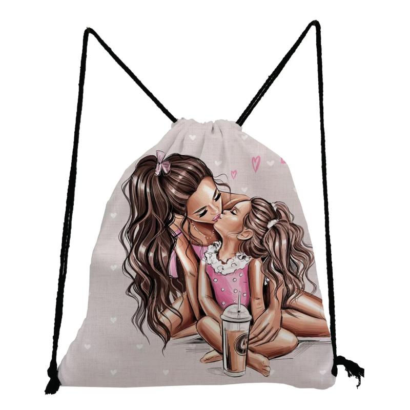Mom and Baby Cartoon Drawstring Backpack