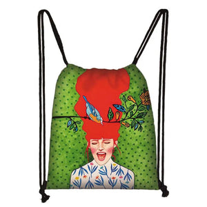 Long Hair Retro Oil Painting Drawstring Bag for Travel