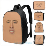 Funny Nicolas Cage USB Charge Backpack Full Face Graphic Print