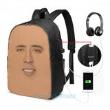 Funny Nicolas Cage USB Charge Backpack Full Face Graphic Print