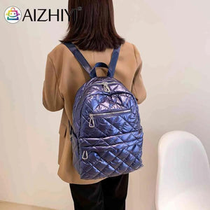 Quilted Cotton-Padded Backpack Nylon Rhombic Lattice College Bookbag