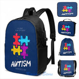 Autism Awareness USB Charge Backpack School Travel Laptop Bag